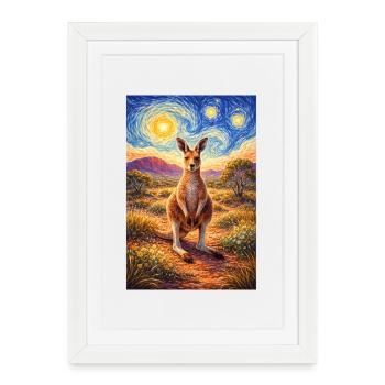 Le kangourou sous la nuit étoilée - Affiche encadrée (27 × 37 cm) - blanc - Devant