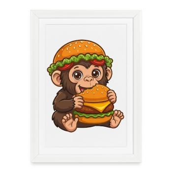 Singe mignon avec motif de dessin animé de burger - Affiche encadrée (27 × 37 cm) - blanc - Devant