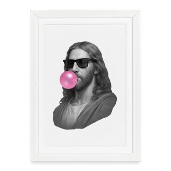 Jésus-Christ avec du chewing-gum et des lunettes de soleil - Affiche encadrée (27 × 37 cm) - blanc - Devant