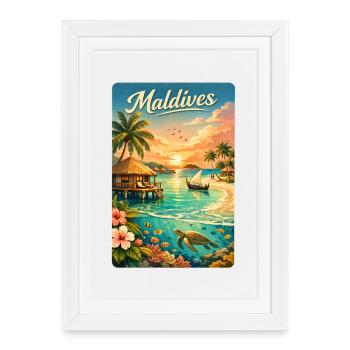 Motif de voyage au coucher du soleil sur la plage des Maldives - Affiche encadrée (27 × 37 cm) - blanc - Devant