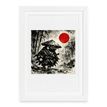 Samurai Pug Dog Japanese Ink Wash Painting - Framed poster (27 × 37 cm) - white - Front
