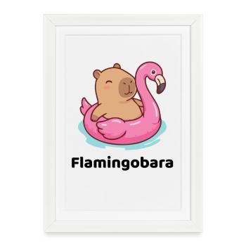 Peluchette sur flamant rose rose - capybara - Affiche encadrée (27 × 37 cm) - blanc - Devant