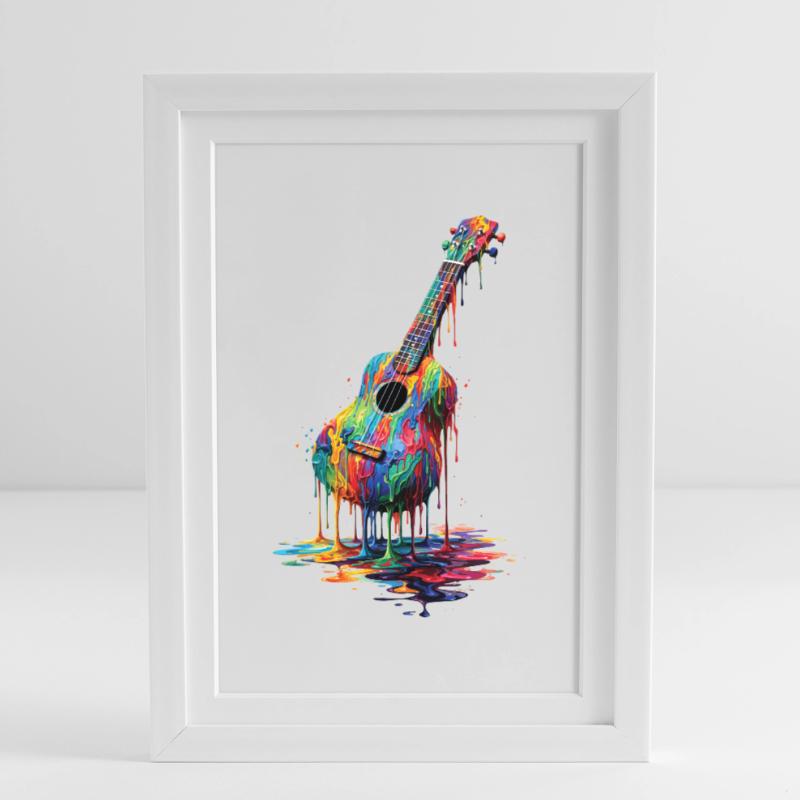 Ukulele mit tropfender Farbe Gerahmtes Poster (27 × 37 cm)