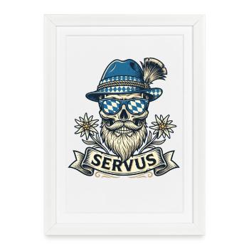 Trachtenshirt Herren Trachten T-Shirt Servus - Gerahmtes Poster (27 × 37 cm) - Weiß - Vorne