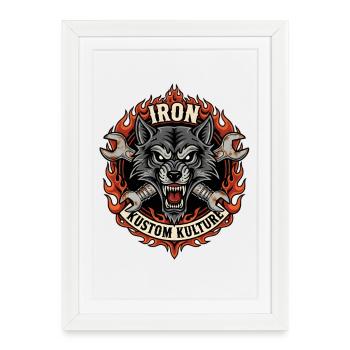 Motard Motocycliste V-Twin Moteur Crâne Loup Sauvage Rocker - Affiche encadrée (27 × 37 cm) - blanc - Devant