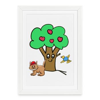 Pommier Chat Oiseau Enfants Jardin Nature - Affiche encadrée (27 × 37 cm) - blanc - Devant