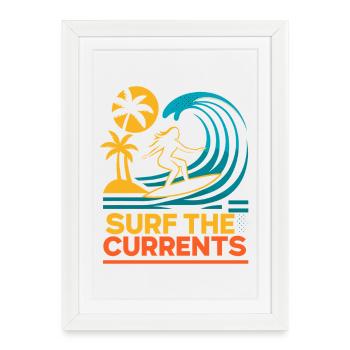 Surf The Currents Waves Palm Trees Beach Motif - Framed poster (27 × 37 cm) - white - Front
