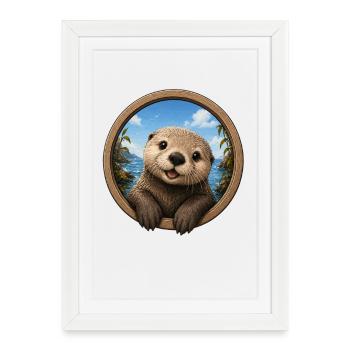 Otter in round window by the sea - Framed poster (27 × 37 cm) - white - Front