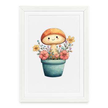 Un champignon joyeux dans un pot de fleurs - Affiche encadrée (27 × 37 cm) - blanc - Devant