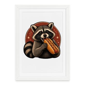 Raccoon Enjoyment Hot Dog Illustration - Framed poster (27 × 37 cm) - white - Front