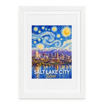 Salt Lake City Skyline Van Gogh Style - Affiche encadrée (27 × 37 cm) - blanc - Devant