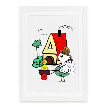 Colorful bird in front of A-house farm scene - Framed poster (27 × 37 cm) - white - Front