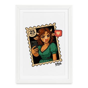 Portrait selfie de timbre de vache - Affiche encadrée (27 × 37 cm) - blanc - Devant