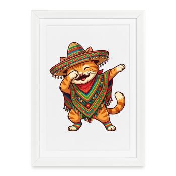 Poncho Cinco de Mayo funny Mexican Cat Dab - Affiche encadrée (27 × 37 cm) - blanc - Devant