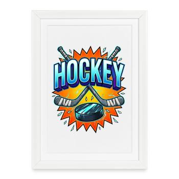 Style bande dessinée de hockey sur glace avec un bâton et une rondelle - Affiche encadrée (27 × 37 cm) - blanc - Devant