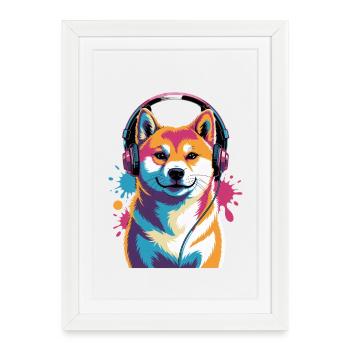 Chien Shiba Inu avec un casque - Affiche encadrée (27 × 37 cm) - blanc - Devant