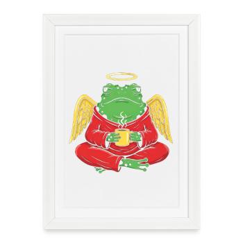 Grenouille ange avec tasse à café - Affiche encadrée (27 × 37 cm) - blanc - Devant
