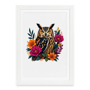 Chouette fauve dans une couronne de fleurs - Affiche encadrée (27 × 37 cm) - blanc - Devant