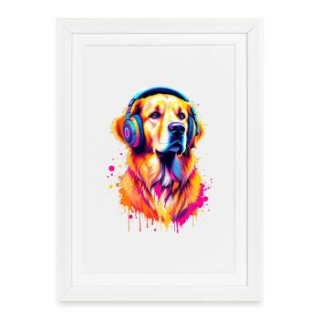 Golden Retriever avec des écouteurs - Affiche encadrée (27 × 37 cm) - blanc - Devant
