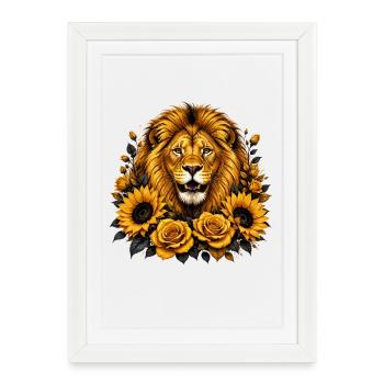 Lion dans une couronne de tournesol - Affiche encadrée (27 × 37 cm) - blanc - Devant
