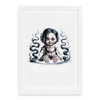 Poupée effrayante avec texte d’avertissement - Affiche encadrée (27 × 37 cm) - blanc - Devant