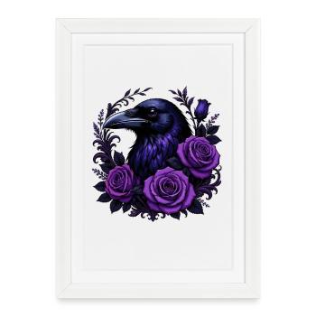 Corbeau nocturne et roses pourpres - Affiche encadrée (27 × 37 cm) - blanc - Devant