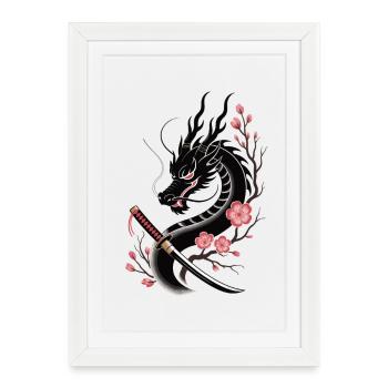 Chemise de dragon avec des cerisiers en fleurs - Affiche encadrée (27 × 37 cm) - blanc - Devant