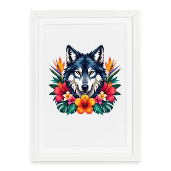 Tête de Loup aux Fleurs Tropicales - Affiche encadrée (27 × 37 cm) - blanc - Devant