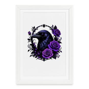 Corbeau nocturne avec des roses violettes - Affiche encadrée (27 × 37 cm) - blanc - Devant