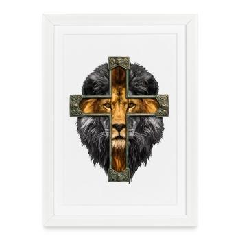 Lion avec Jésus Croix Religion chrétienne - Affiche encadrée (27 × 37 cm) - blanc - Devant