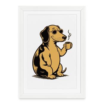 Chien avec tasse à café - Cadeau pour le propriétaire de chien - Affiche encadrée (27 × 37 cm) - blanc - Devant