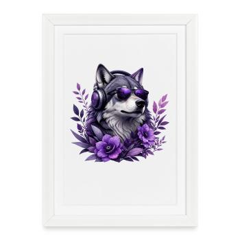 DJ loup violet avec une couronne de fleurs - Affiche encadrée (27 × 37 cm) - blanc - Devant