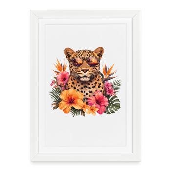 Lunettes de soleil léopard avec des fleurs - Affiche encadrée (27 × 37 cm) - blanc - Devant