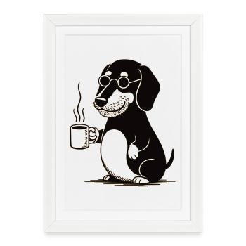 Chien au café - Affiche encadrée (27 × 37 cm) - blanc - Devant