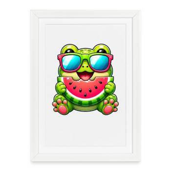 Grenouille Crapaud Mignon, Melon Fruit d’Été, Dessin Animé - Affiche encadrée (27 × 37 cm) - blanc - Devant