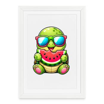 Cute turtle with watermelon cartoon motif - Framed poster (27 × 37 cm) - white - Front