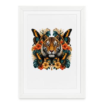 Tiger in bloom and butterfly frenzy - Framed poster (27 × 37 cm) - white - Front