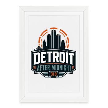 Detroit After Midnight Skyline 313 - Affiche encadrée (27 × 37 cm) - blanc - Devant