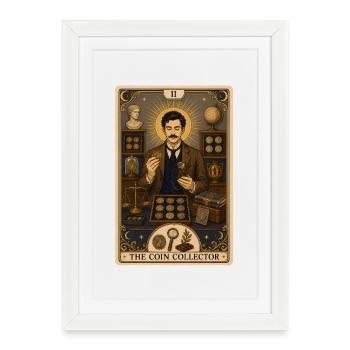 Collectionneur de pièces | Tarot numismatique - Affiche encadrée (27 × 37 cm) - blanc - Devant