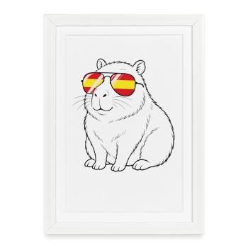 Capybara, Espagne, lunettes de soleil Drapeau espagnol - Affiche encadrée (27 × 37 cm) - blanc - Devant