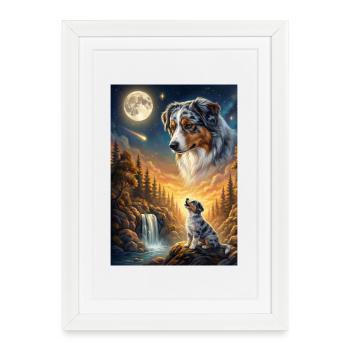 Chien Hurlant à la Lune Berger Australien - Affiche encadrée (27 × 37 cm) - blanc - Devant