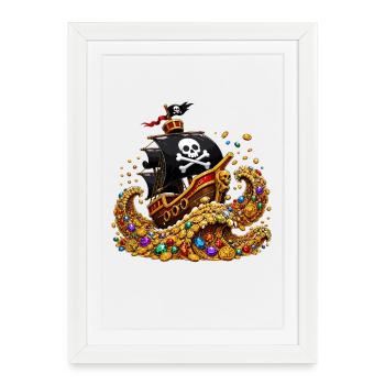 Treasure Pirate Ship Full of Gold - Framed poster (27 × 37 cm) - white - Front