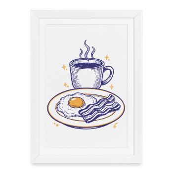 Petit-déjeuner : brunch drôle, café, bacon, nourriture - Affiche encadrée (27 × 37 cm) - blanc - Devant