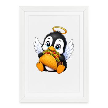Ange manchot dessiné mignon avec un taco - Affiche encadrée (27 × 37 cm) - blanc - Devant