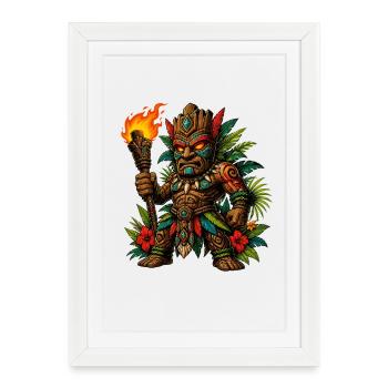 Guerrier Tiki avec Torche de Feu - Affiche encadrée (27 × 37 cm) - blanc - Devant