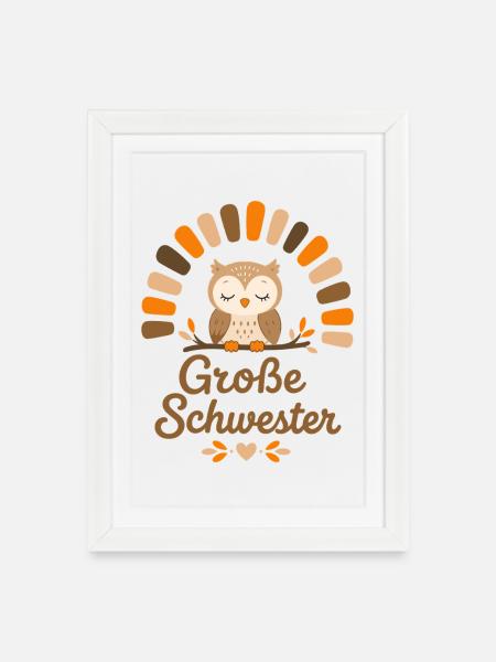 Schwester Eule – Süßes Geschwister Design - Gerahmtes Poster (27 × 37 cm) - Weiß
