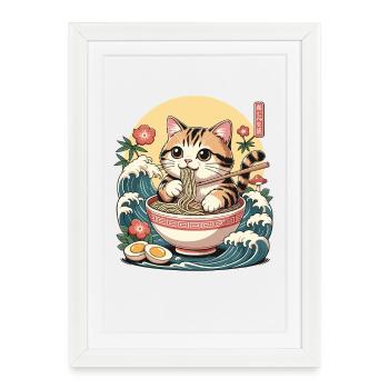 Ramen neko mignons chats mangeant des nouilles Kawaii Waves - Affiche encadrée (27 × 37 cm) - blanc - Devant