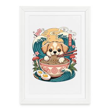 Cute Puppy Ramen Bowl Japanese Waves - Framed poster (27 × 37 cm) - white - Front