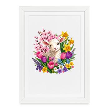 Agneau dans une couronne de fleurs de printemps - Affiche encadrée (27 × 37 cm) - blanc - Devant