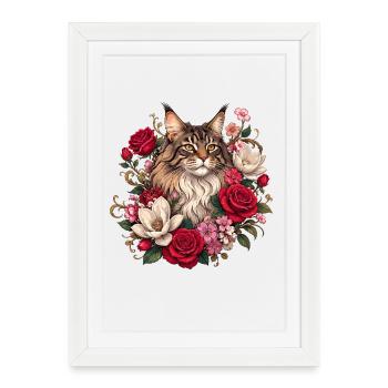 Floral Katze im Rosengarten - Gerahmtes Poster (27 × 37 cm) - Weiß - Vorne